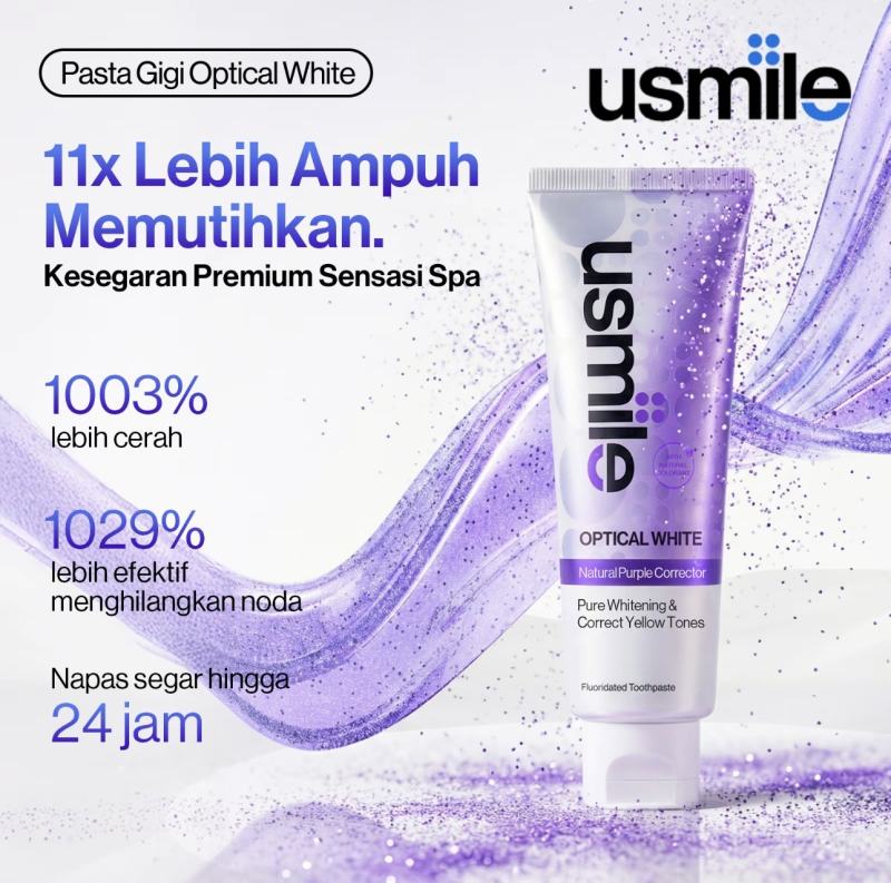 Usmile Pasta Gigi Optical White 2.0 100gr | Purple Whitening Tooth Paste | Menetralisir Noda Kuning Pada Gigi | Memutihkan & Mencerahkan | Triple Enzyme Whitening | Sensasi Dingin - foto 3