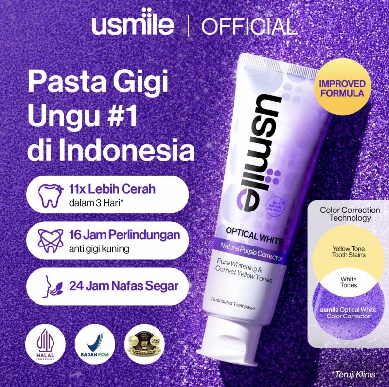 Usmile Pasta Gigi Optical White 2.0 100gr | Purple Whitening Tooth Paste | Menetralisir Noda Kuning Pada Gigi | Memutihkan & Mencerahkan | Triple Enzyme Whitening | Sensasi Dingin